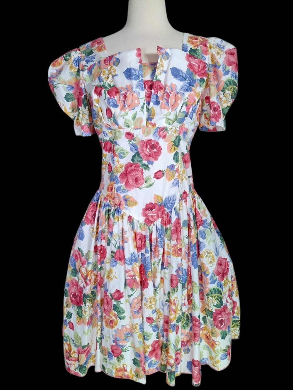 Vintage 80s Robbie Bee Puff Sleeve Floral Cottagecore Dress M 100% Cotton Party